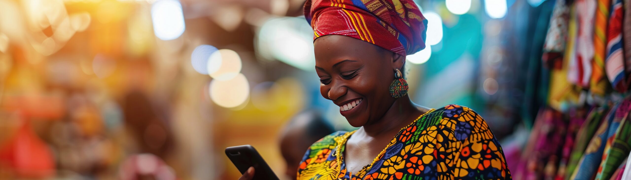 A smiling African woman dressed in traditional attire uses her smartphone in a vibrant market setting, exuding joy and connectivity.